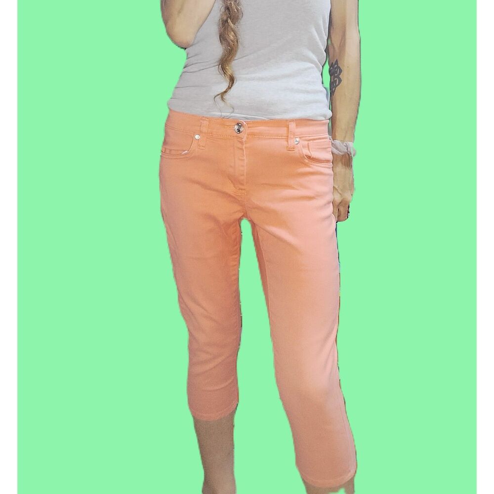 Venus ~ Coral Pink Stretch Denim Capri Pants ~ Size 2 ~ Jeweled Button